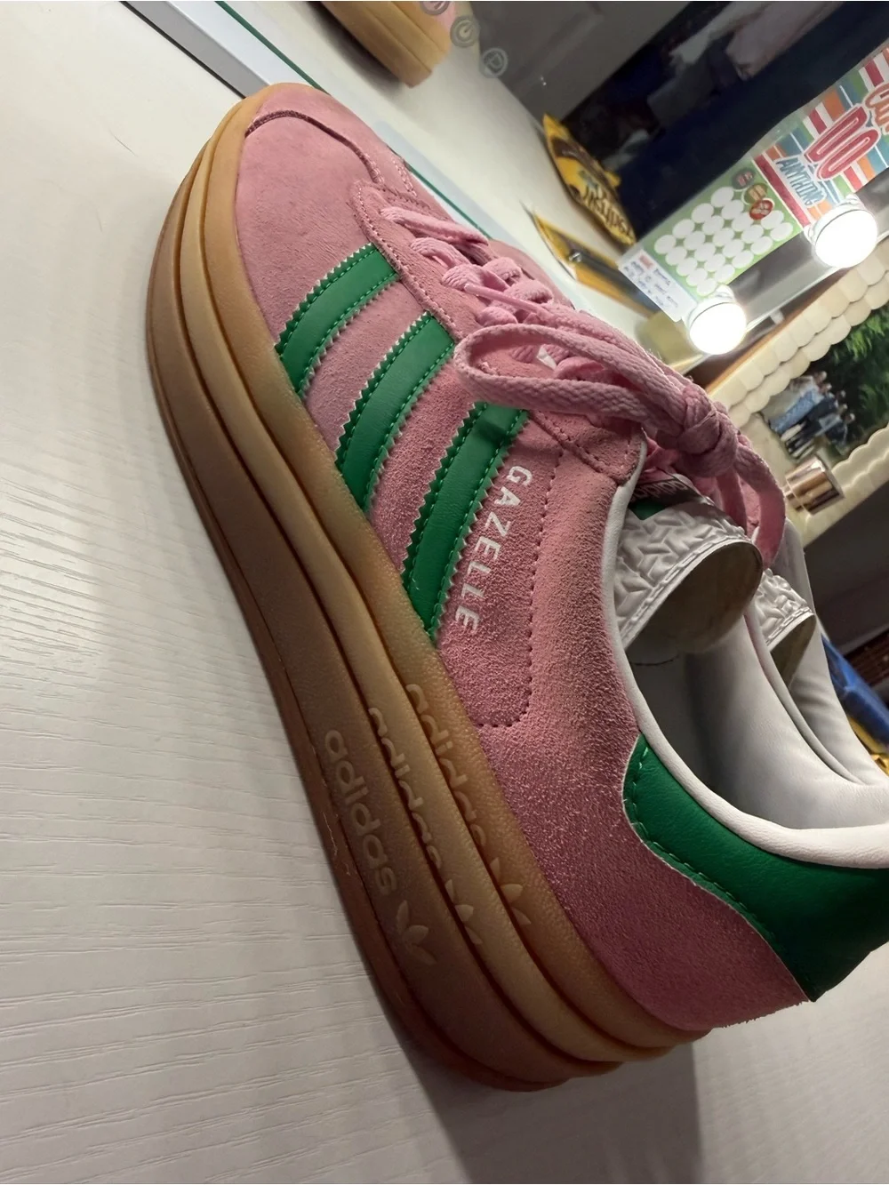 adidas Pink Suede Low-Top Sneakers with Green Stripes